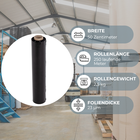 2 Rollen Schwarz Stretchfolie 50 cm x 250 m - 23 my 2,5 Kg