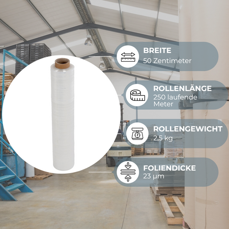 2 Rollen Transparent Stretchfolie 50 cm x 250 m - 23 my 2,5 Kg